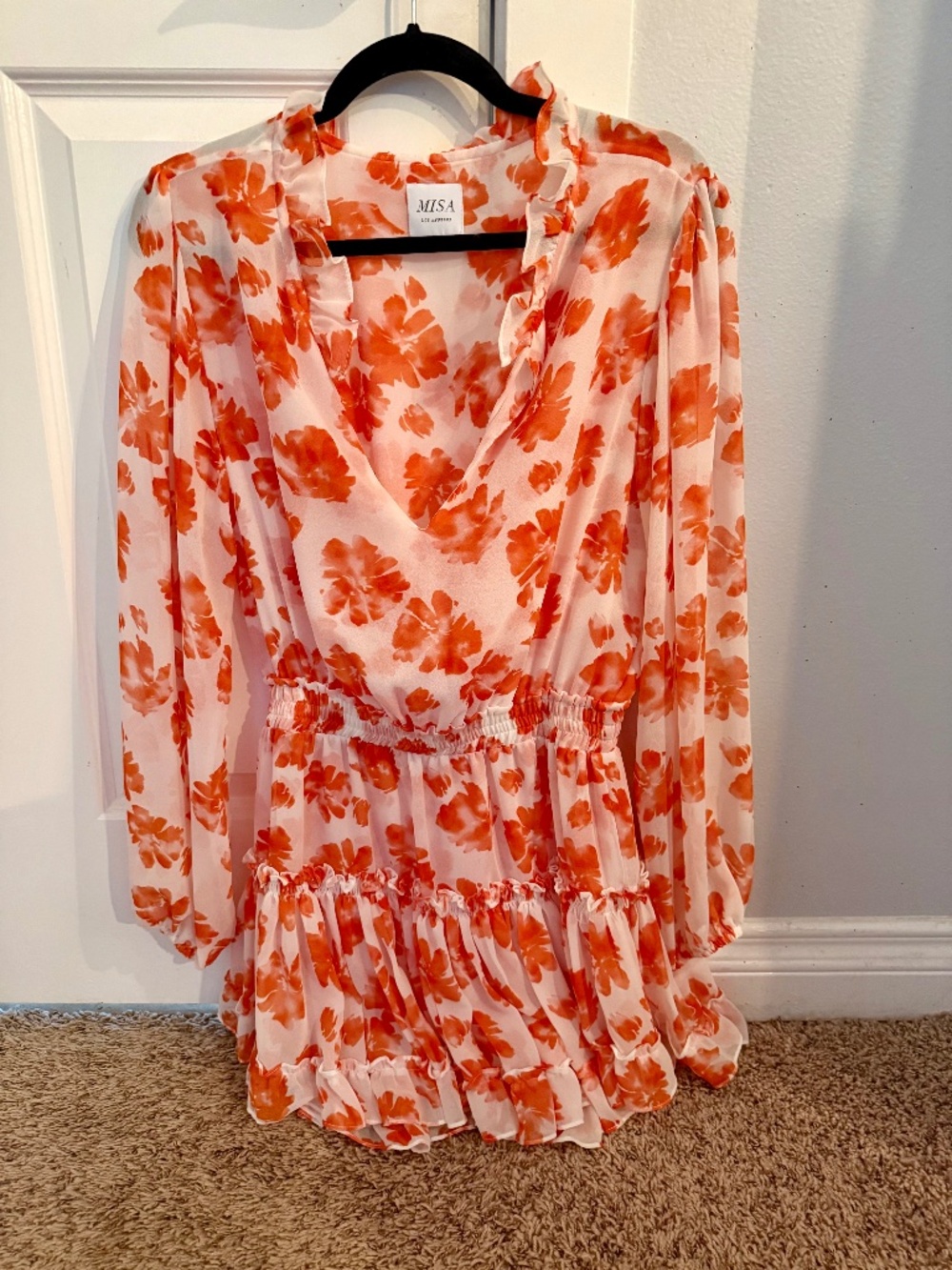 MISA Los Angeles Floral Mini Dress | Blush Orange Ruffle Boho | Small